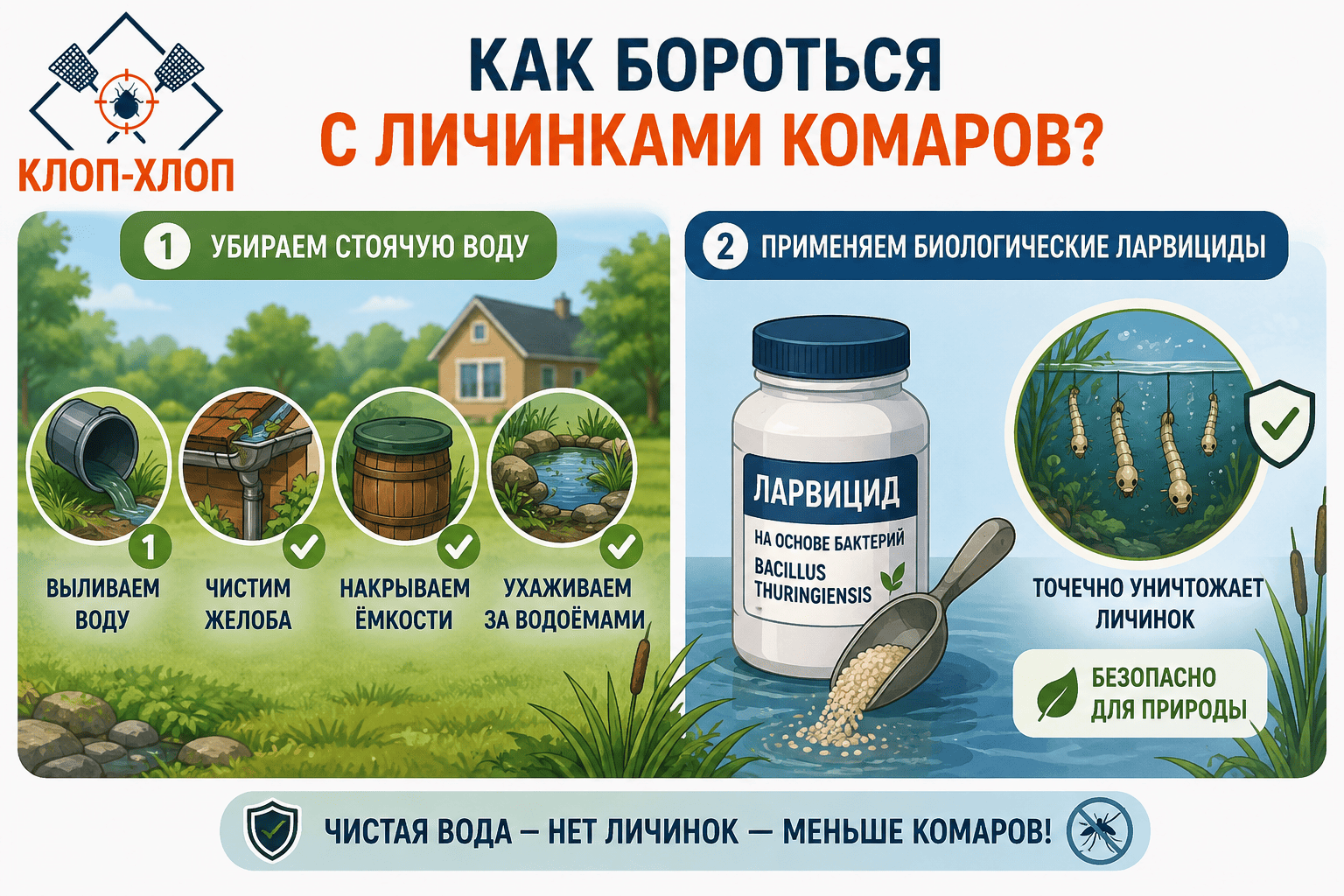 Уничтожение личинок: ликвидация стоячей воды и биопрепараты